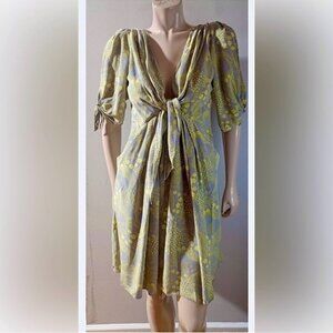 Anthropologie Yoana Baraschi Bijoux Doux Silk Gray Yellow Floral Dress Medium